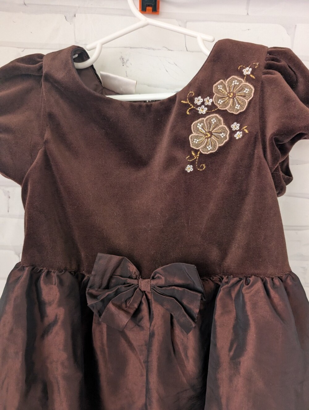Little Bitty Brown Floral Embroidered Girls' Dress with Bow